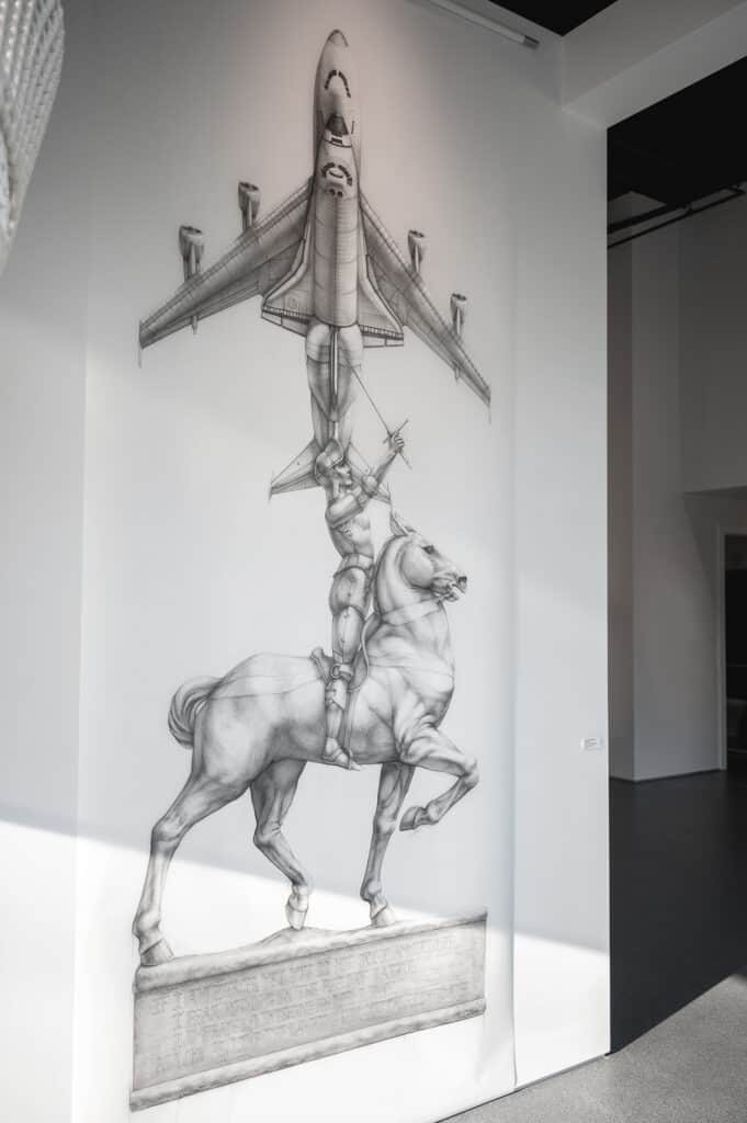 METHOD & CONCEPT ARTIST: Lauren Amalia Redding large-scale drawing entitled, Carriers in the medium of Charcoal & Graphite on Mylar stands 12 feet high by 5 feet wide. Inquire for availability and pricing.